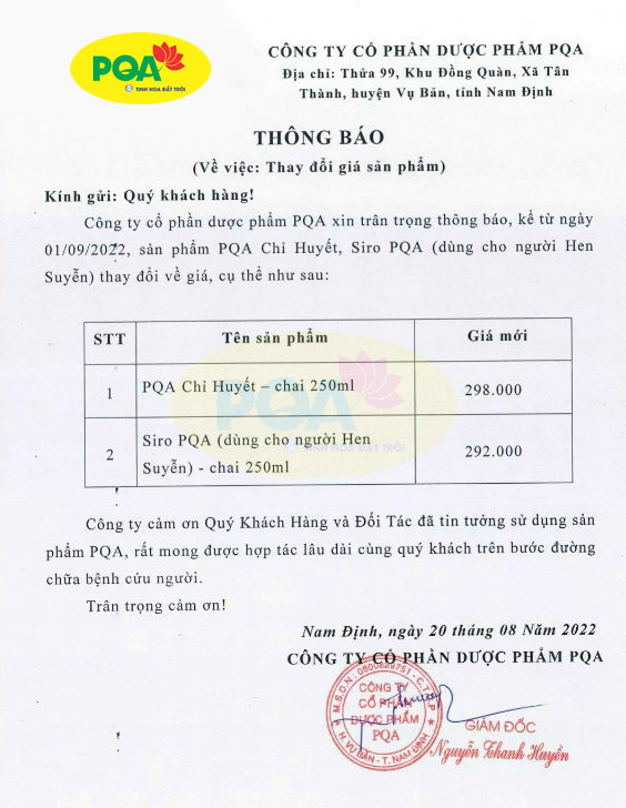 Thông Báo thay đổi giá sản phẩm PQA Chỉ Huyết và PQA Hen Suyễn