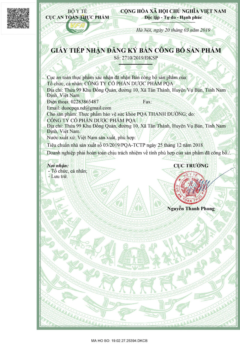 giấy xác nhận công bố của pqa thanh đường