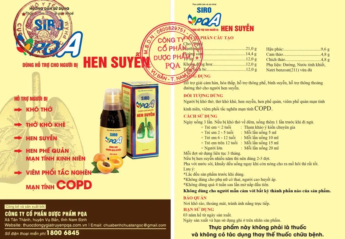 Siro PQA Hen Suyễn 125ml - Đông y hỗ trợ điều trị hen suyễn, COPD